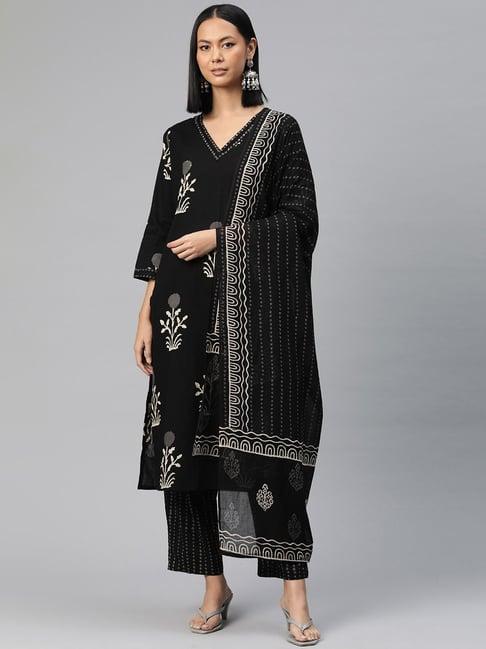 readiprint fashions black cotton floral print kurta pant set with dupatta