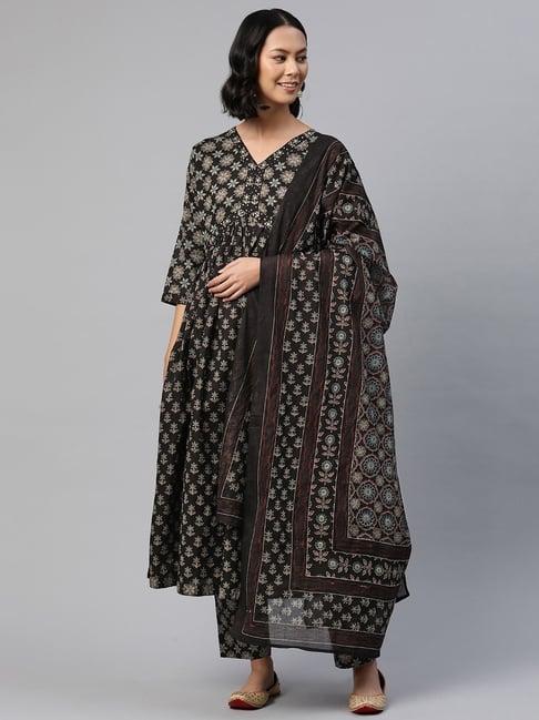 readiprint fashions black cotton floral print kurta pant set with dupatta