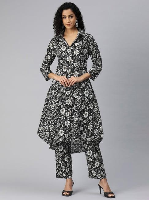 readiprint fashions black cotton floral print kurta pant set