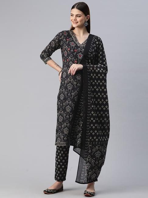 readiprint fashions black cotton printed kurta pant set with dupatta