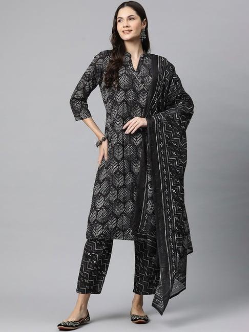 readiprint fashions black cotton printed kurta pant set with dupatta