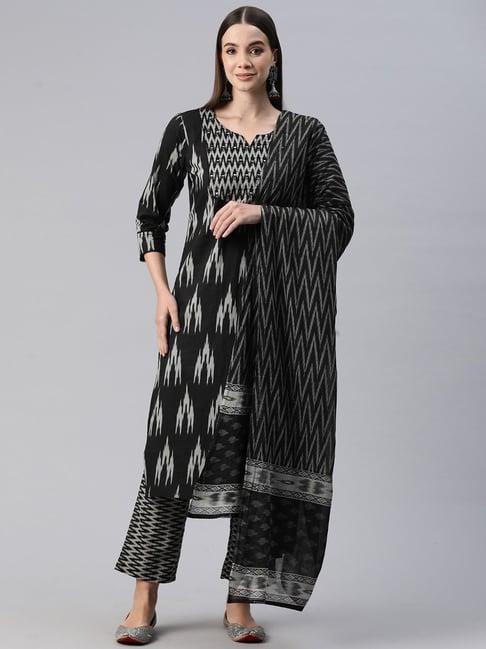 readiprint fashions black cotton printed kurta pant set with dupatta