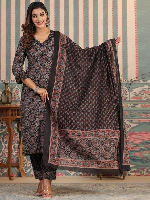 readiprint fashions black cotton printed kurta salwaar set with dupatta