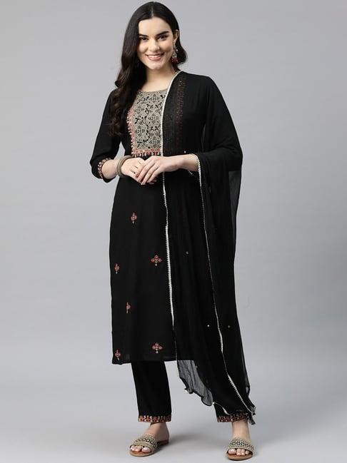 readiprint fashions black embroidered kurta pant set with dupatta