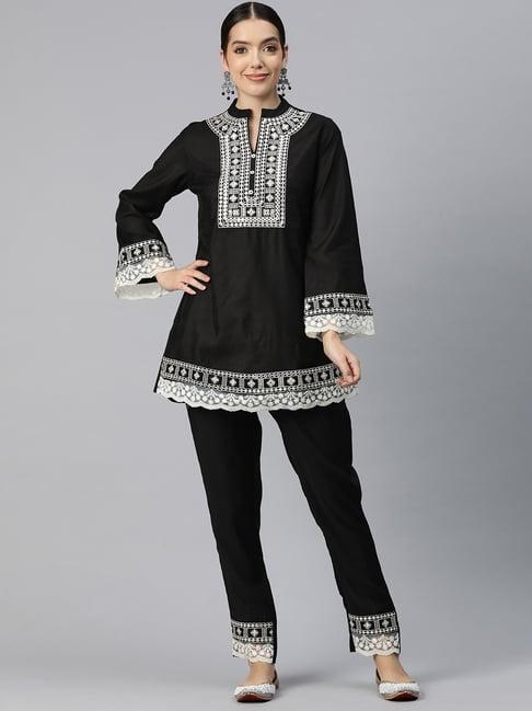 readiprint fashions black embroidered kurti pant set