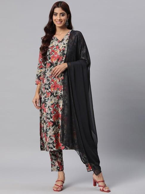 readiprint fashions black floral print kurta pant set with dupatta