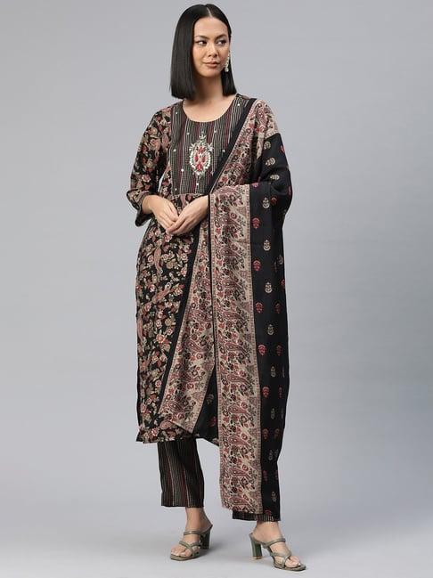 readiprint fashions black floral print kurta pant set with dupatta