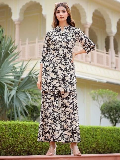 readiprint fashions black floral print kurti palazzo set