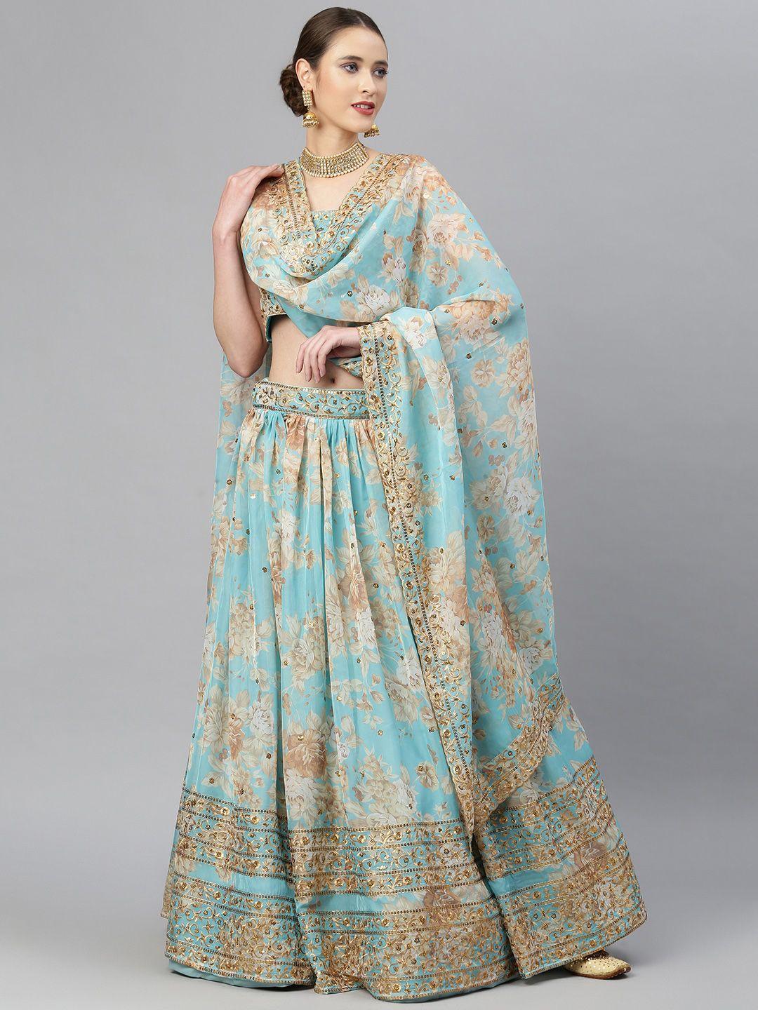 readiprint fashions blue & peach-coloured embellished sequinned semi-stitched lehenga & unstitched blouse