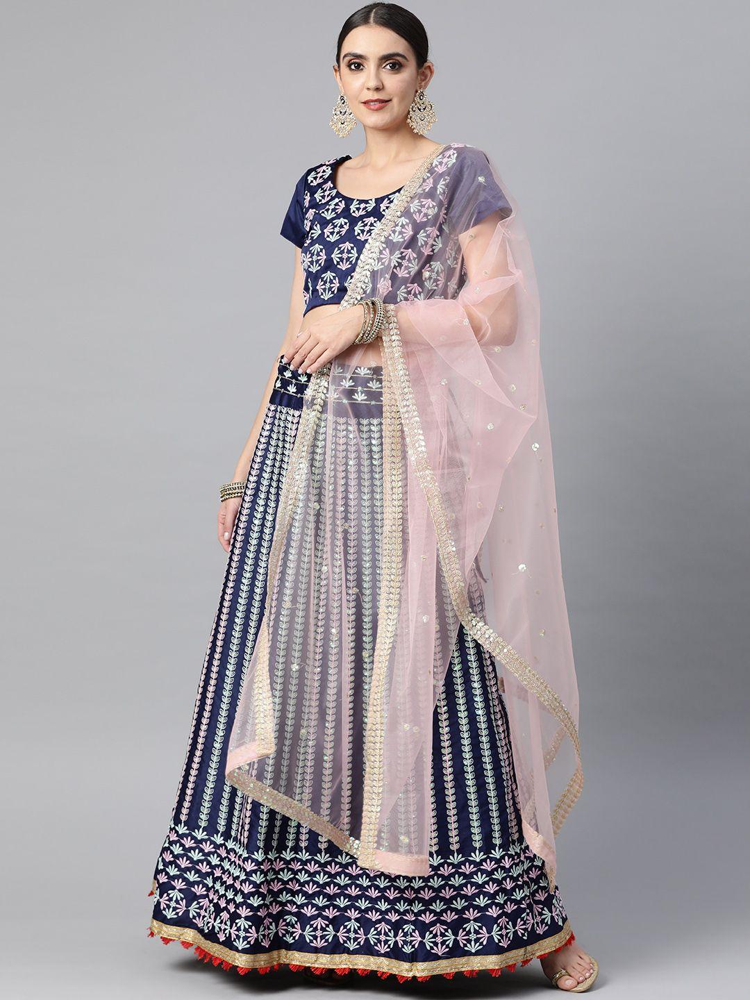 readiprint fashions blue & pink embroidered thread work unstitched lehenga & blouse with dupatta