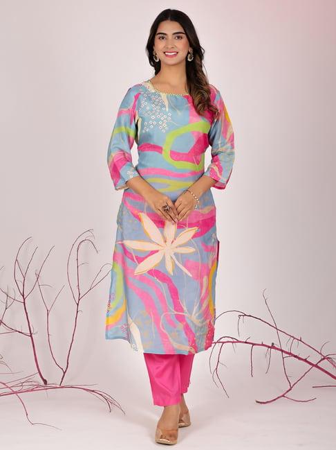 readiprint fashions blue & pink floral print kurta pant set