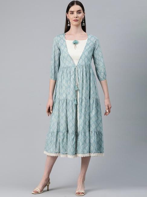readiprint fashions blue & white cotton floral print a-line dress with jacket