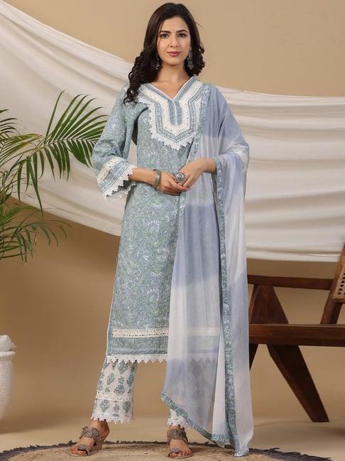 readiprint fashions blue & white cotton floral print kurta pant set with dupatta