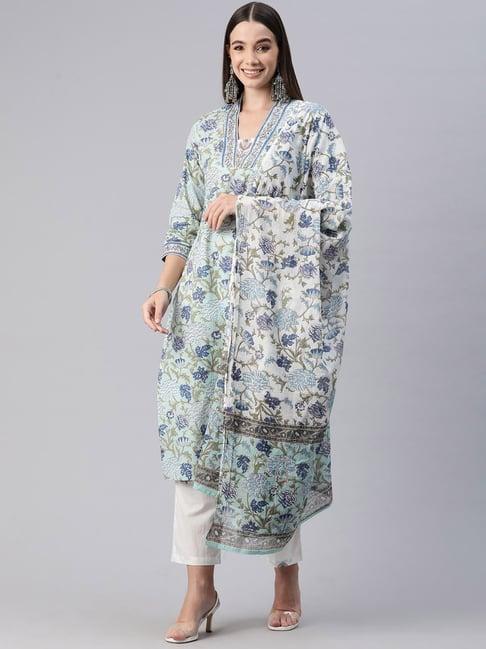 readiprint fashions blue & white cotton floral print kurta pant set with dupatta