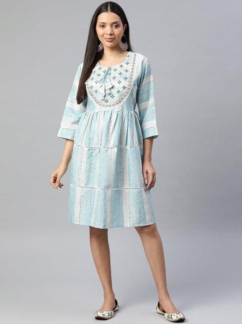 readiprint fashions blue cotton embroidered a-line dress