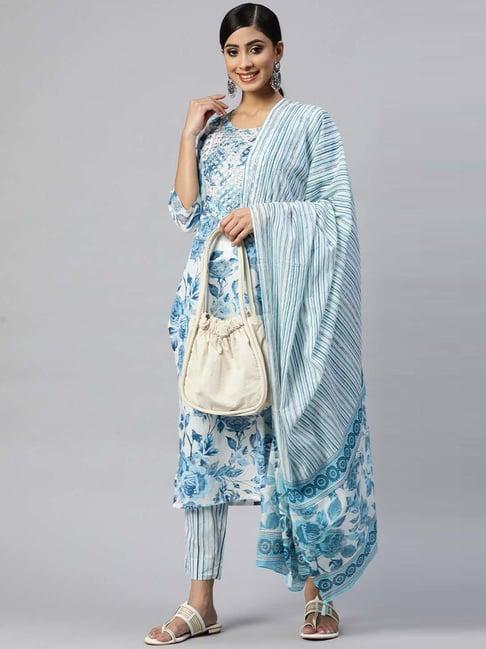 readiprint fashions blue cotton embroidered kurta pant set with dupatta