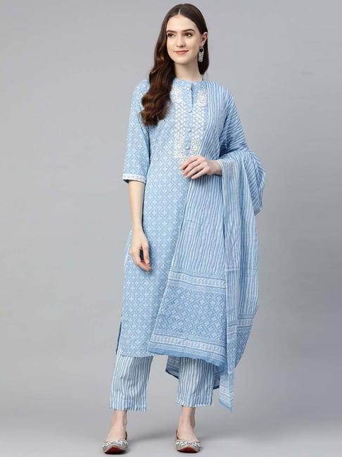 readiprint fashions blue cotton embroidered kurta pant set with dupatta