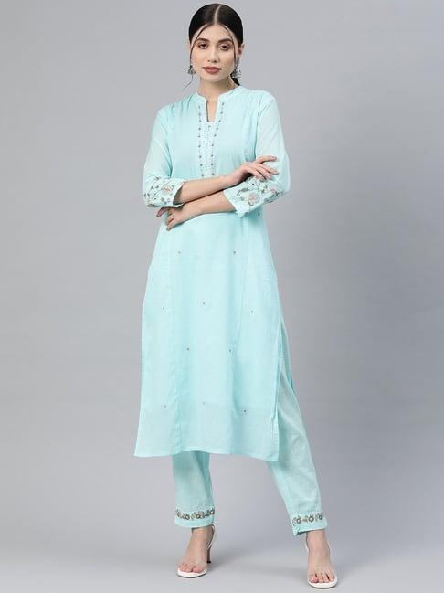 readiprint fashions blue cotton embroidered kurta pant set