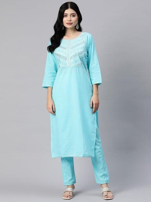 readiprint fashions blue cotton embroidered kurta pant set