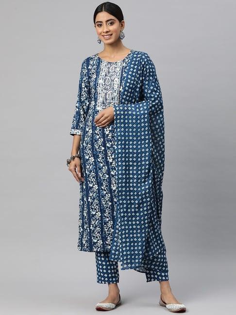 readiprint fashions blue cotton floral print kurta pant set with dupatta