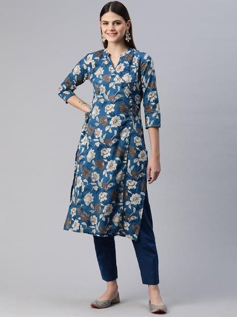 readiprint fashions blue cotton floral print kurta pant set