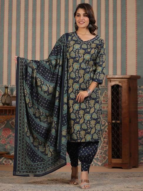 readiprint fashions blue cotton floral print kurta salwaar set with dupatta