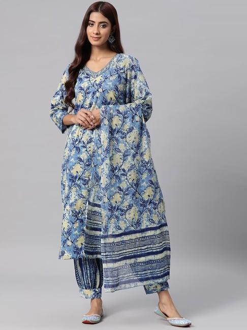 readiprint fashions blue cotton floral print kurta salwaar set with dupatta