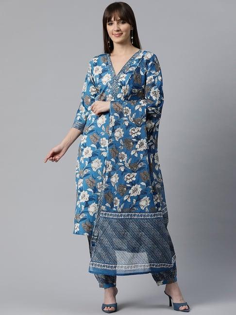 readiprint fashions blue cotton floral print kurta salwaar set with dupatta