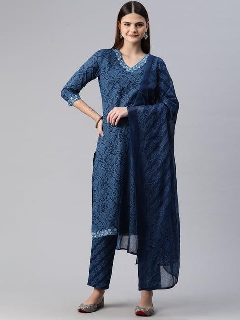 readiprint fashions blue cotton printed kurta pant set with dupatta