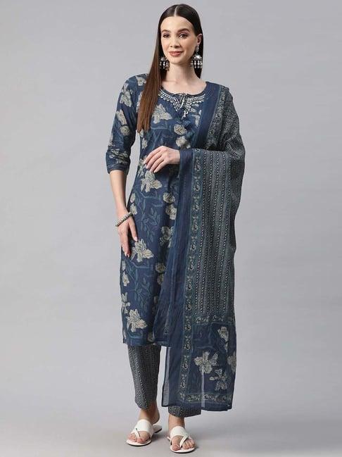 readiprint fashions blue cotton printed kurta pant set with dupatta