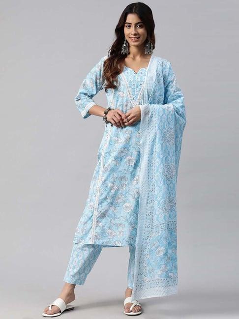 readiprint fashions blue cotton printed kurta pant set with dupatta