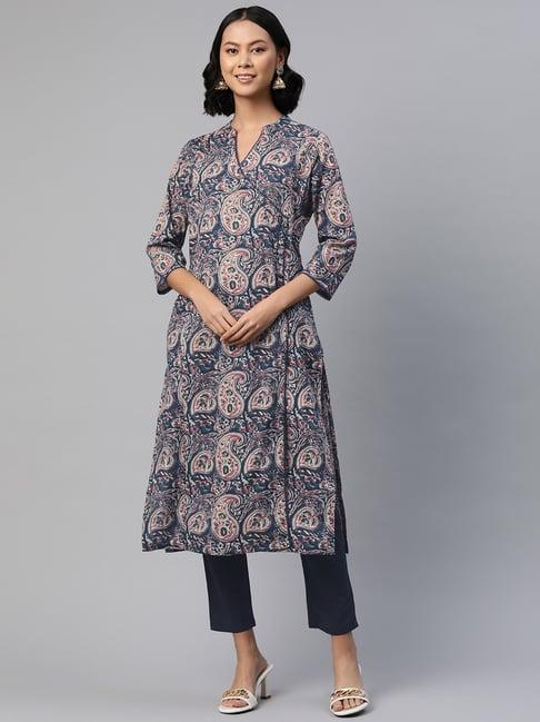 readiprint fashions blue cotton printed kurta pant set