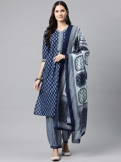 readiprint fashions blue cotton printed kurta salwaar set with dupatta