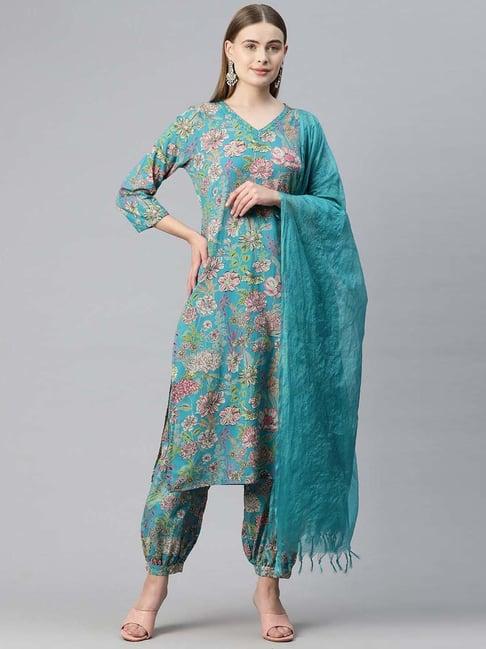 readiprint fashions blue cotton printed kurta salwar set with dupatta