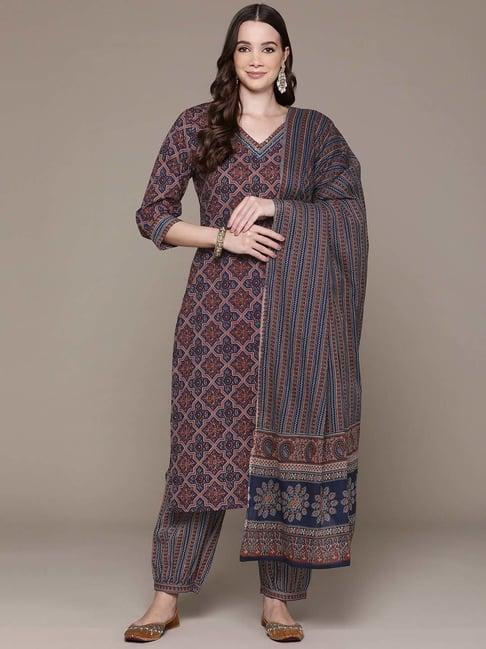 readiprint fashions blue cotton printed kurta salwar set with dupatta