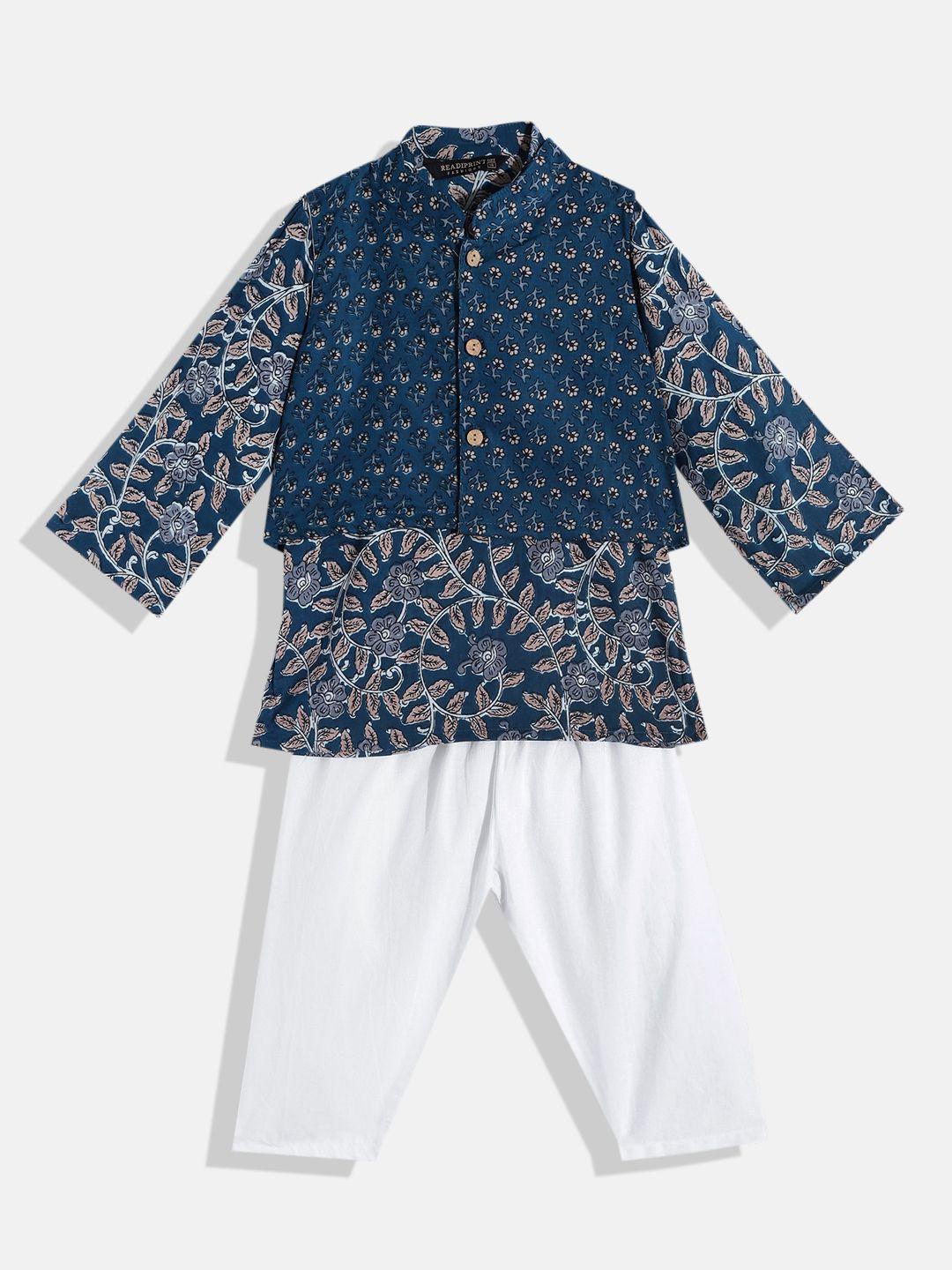 readiprint fashions boys blue & white floral cotton kurta with pyjamas & nehru jacket
