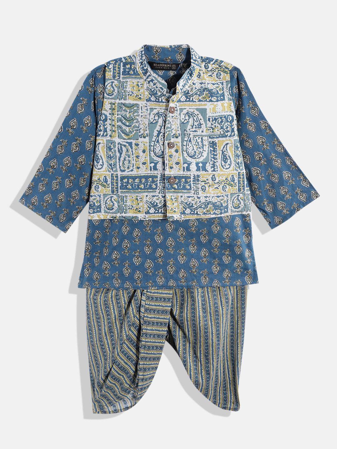 readiprint fashions boys blue ethnic motifs printed pure cotton kurta with dhoti pants