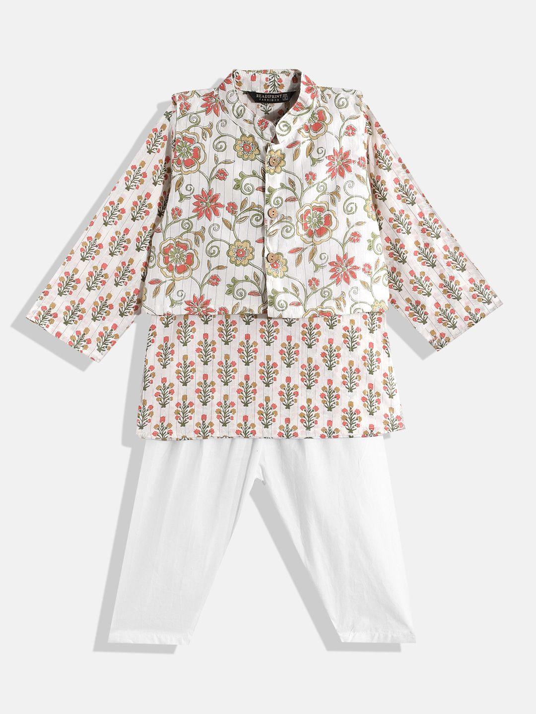 readiprint fashions boys cream-coloured floral cotton kurta with pyjamas & nehru jacket