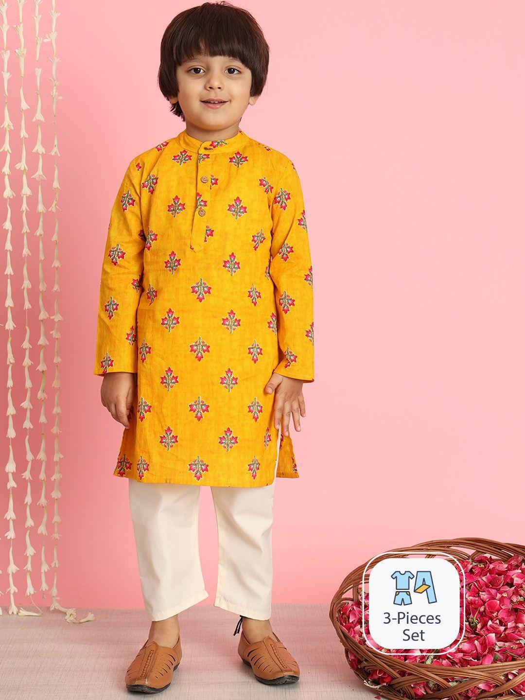 readiprint fashions boys floral printed pure cotton kurta with pyjamas & nehru jacket