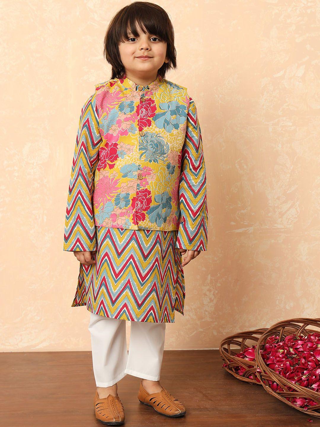 readiprint fashions boys green floral printed regular pure cotton kurta with pyjamas