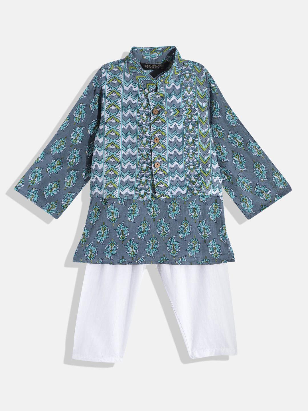 readiprint fashions boys grey & navy blue ethnic printed cotton kurta set & nehri jacket