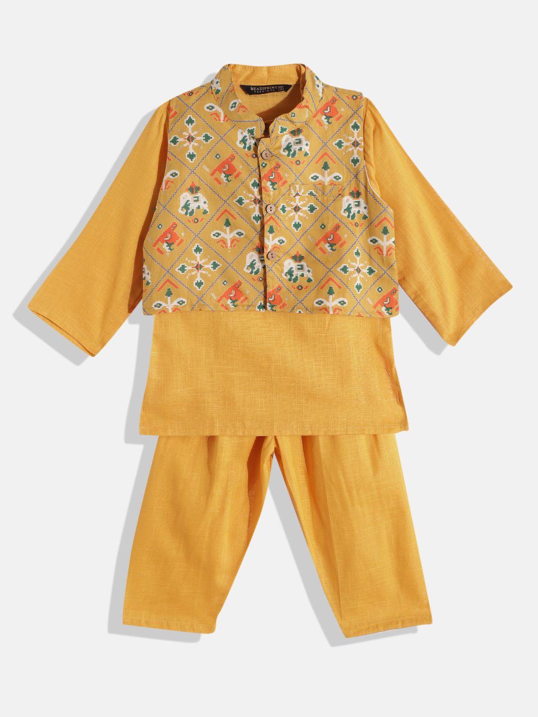 readiprint fashions boys mustard yellow pure cotton kurta with pyjamas & nehru jacket