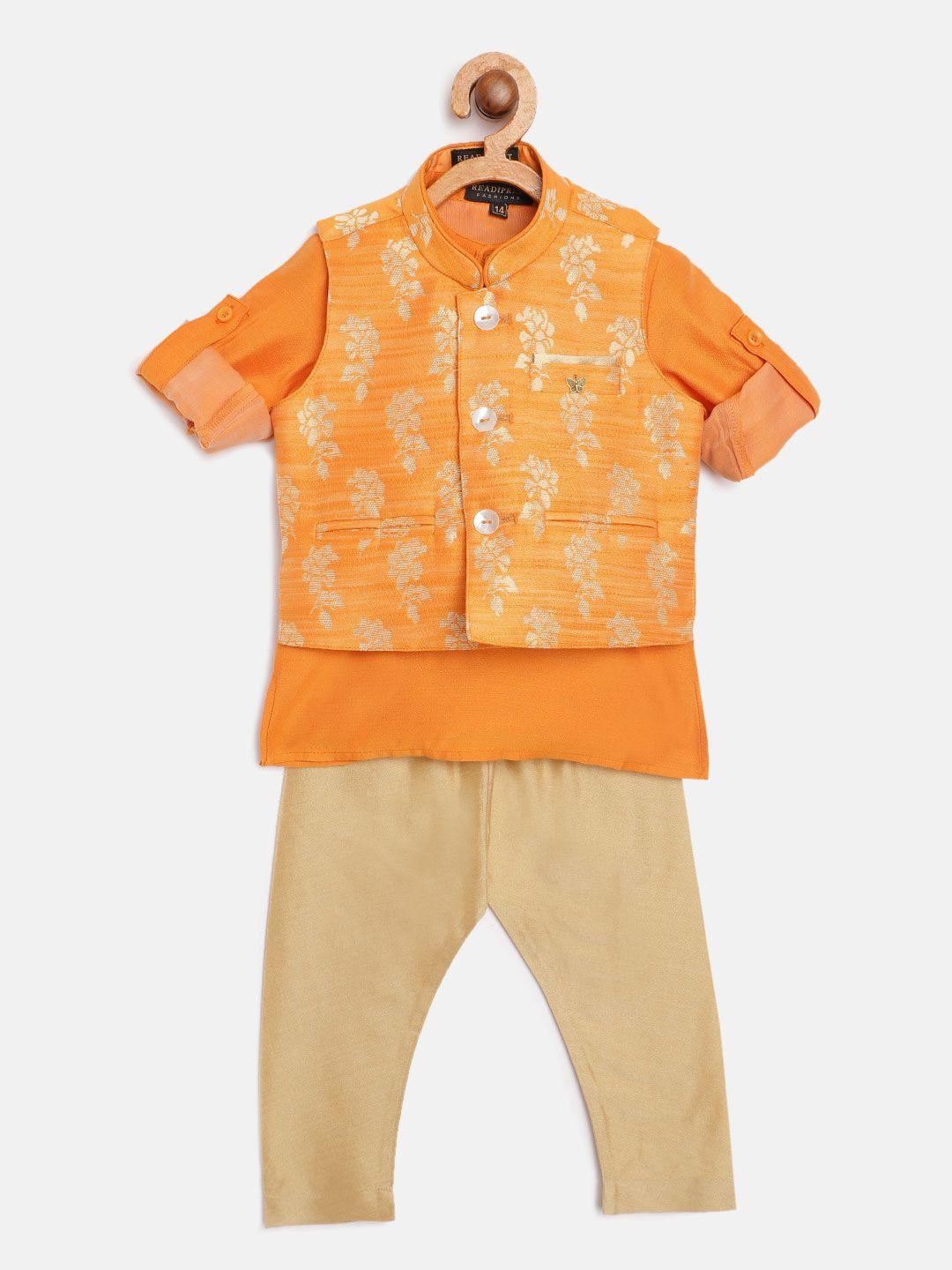 readiprint fashions boys orange & beige solid kurta with pyjamas & nehru jacket