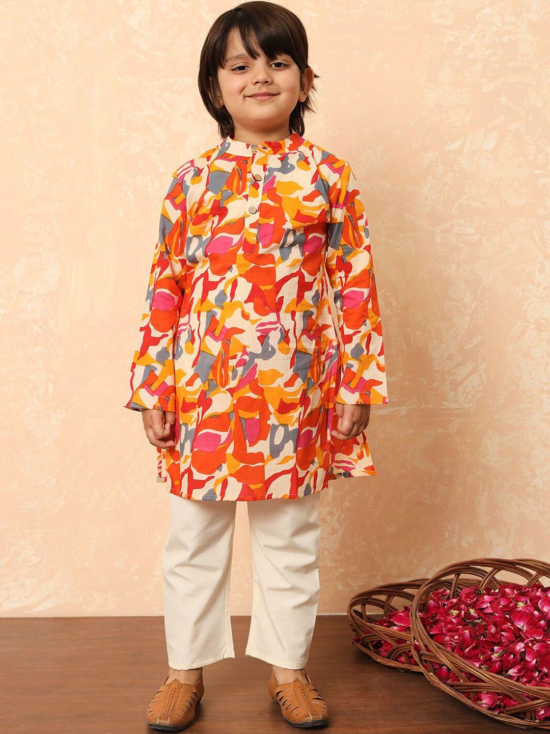 readiprint fashions boys orange floral printed regular pure cotton kurta with pyjamas