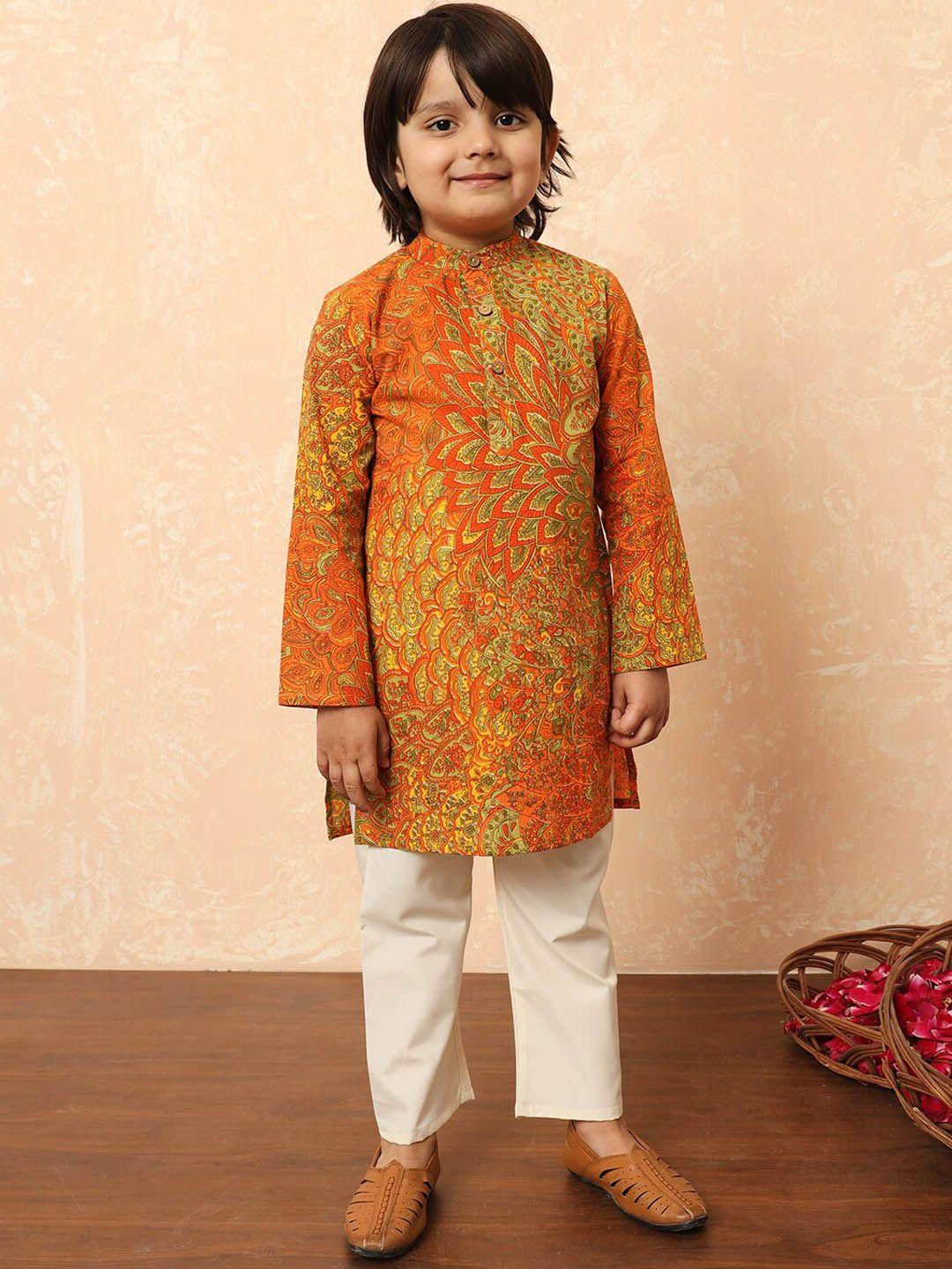 readiprint fashions boys orange floral printed regular pure cotton kurta with pyjamas