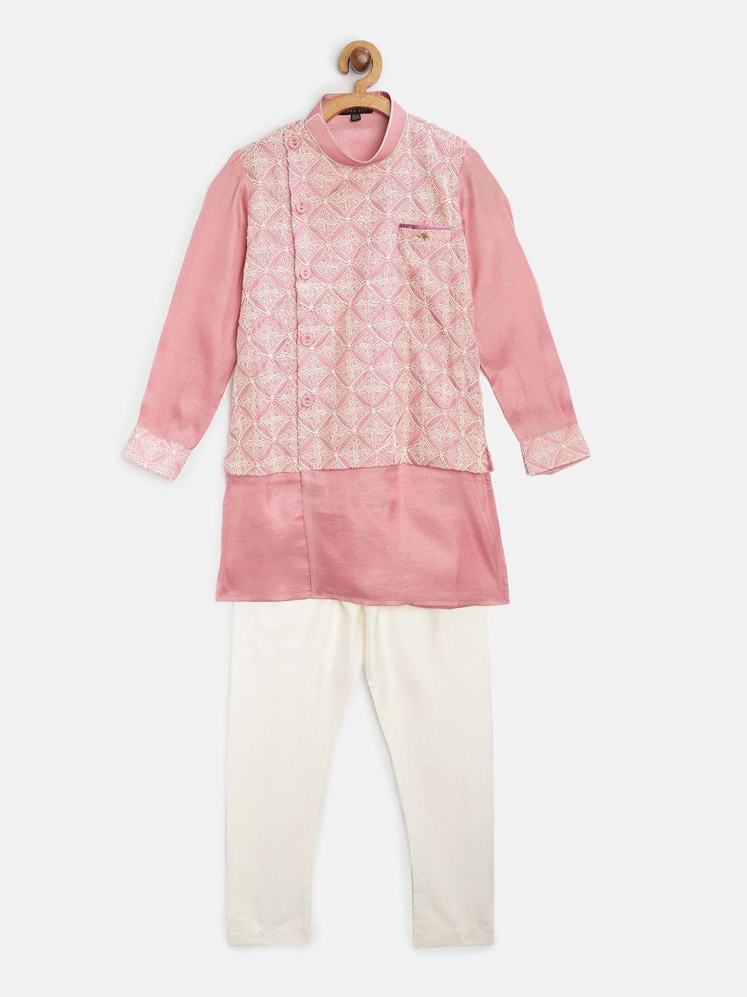 readiprint fashions boys pink & white embroidered angrakha kurta with pyjamas
