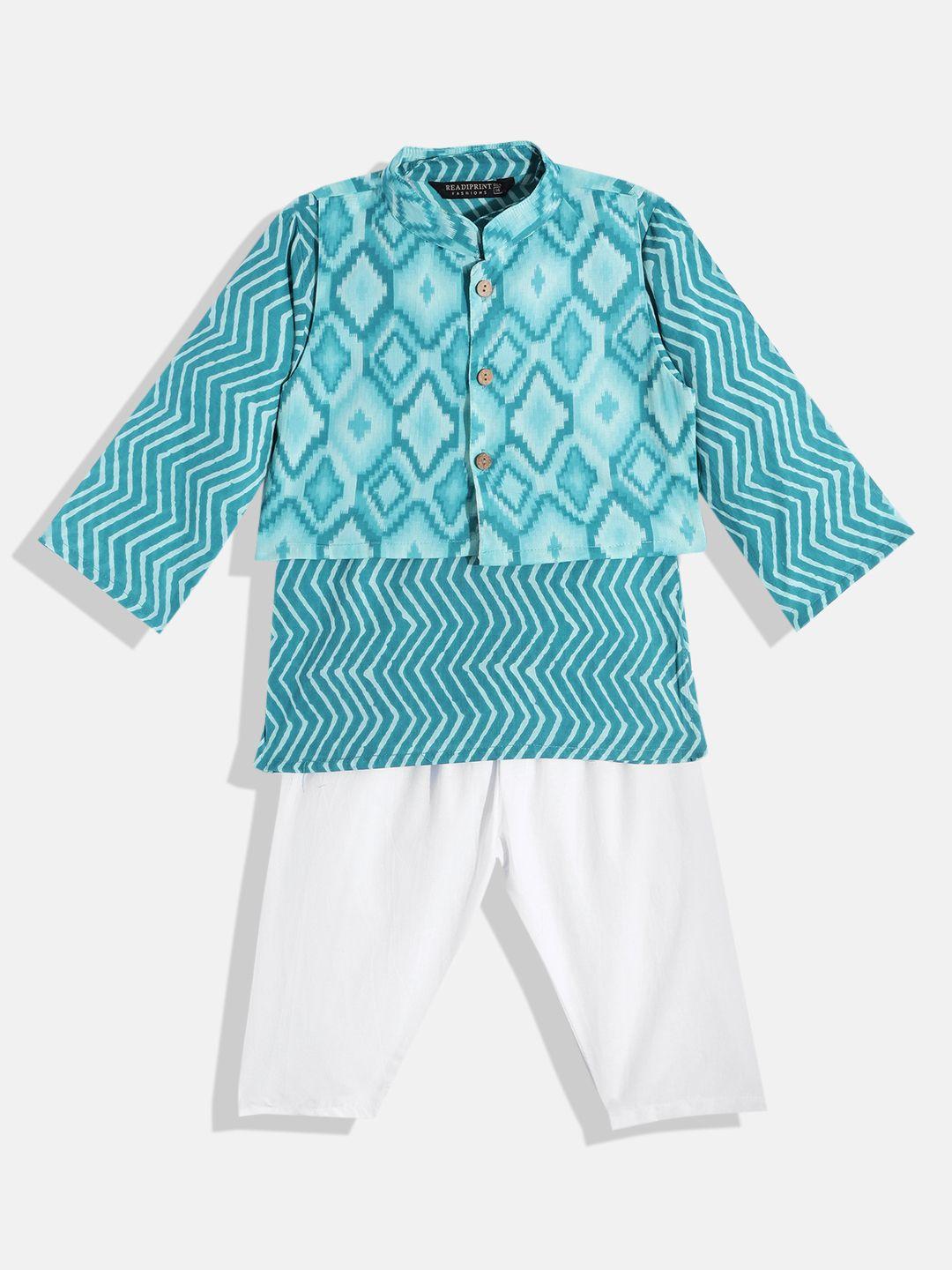 readiprint fashions boys turquoise blue printed cotton kurta with pyjamas & nehru jacket