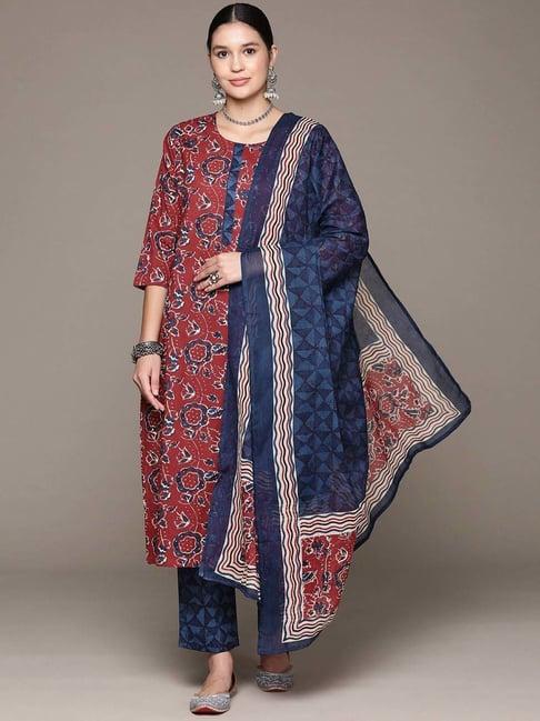 readiprint fashions brown & blue cotton printed kurta pant set with dupatta