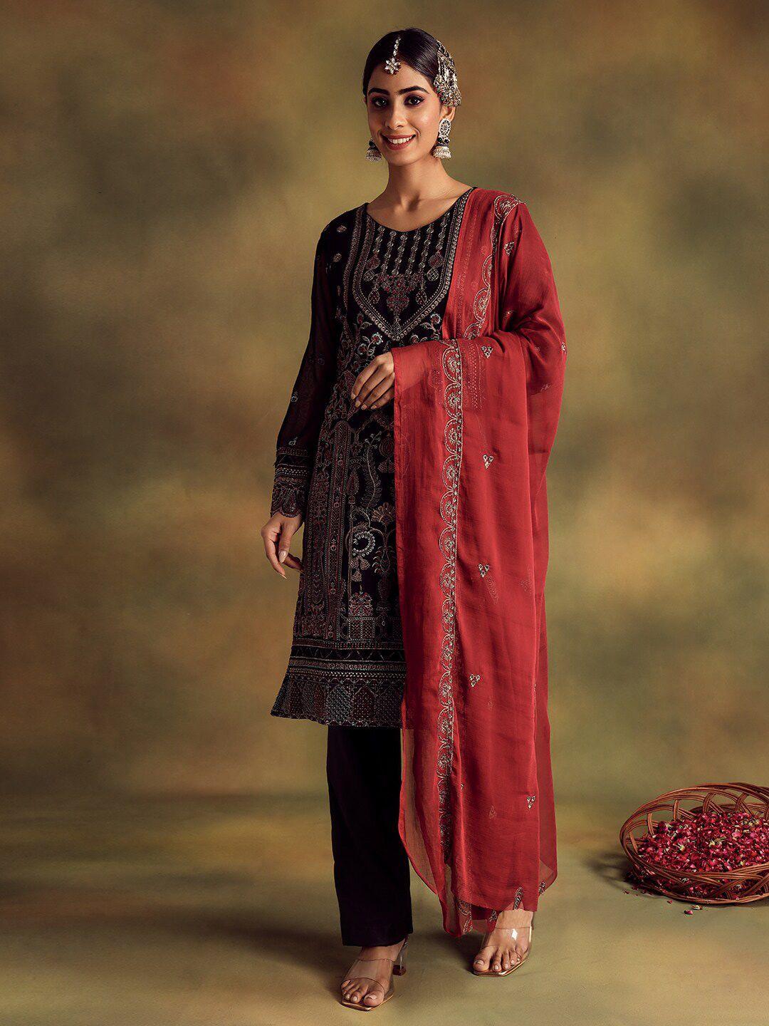 readiprint fashions brown & maroon embroidered unstitched dress material