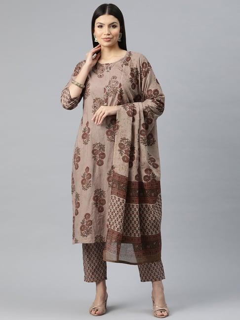 readiprint fashions brown cotton floral print kurta pant set with dupatta